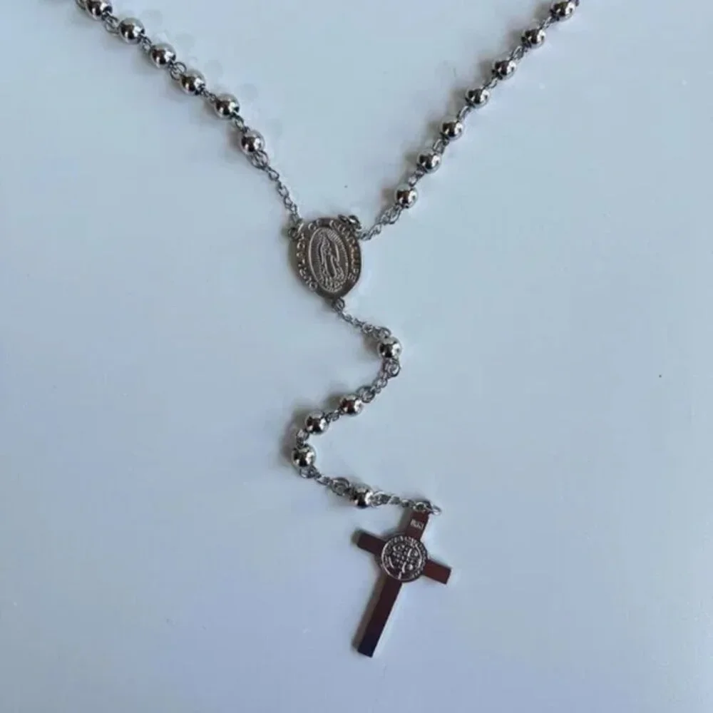 y2k 2000s chrome silver rosary bead necklace